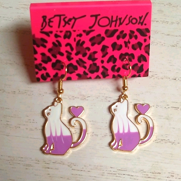 Betsey Johnson Jewelry - White & Lavender Enamel Cat Dangle Earrings